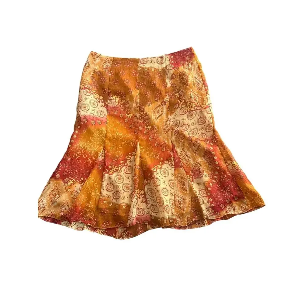 Vintage Women Boho Fairy Trumpet Midi Skirt Size 14 Southwestern Print Metallic